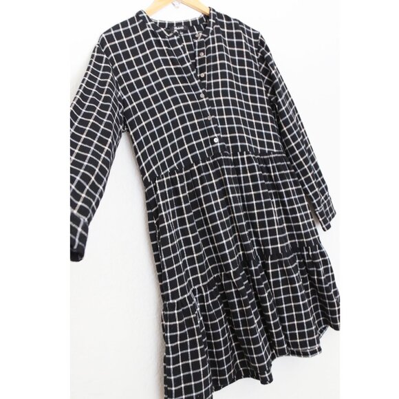 Madewell Flannel Button-Placket Tiered Mini Dress Windowpane Plaid Black S $118 - Picture 9 of 16